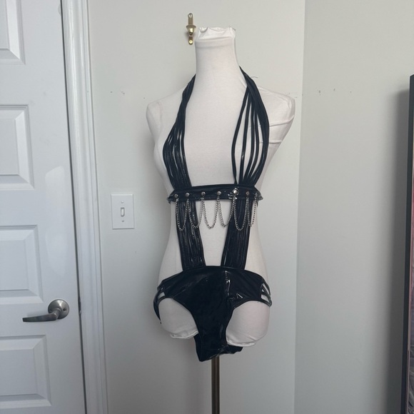 NEW Black Strappy Halter Bodysuit with Chains Bondage goth glam OS - Picture 2 of 4